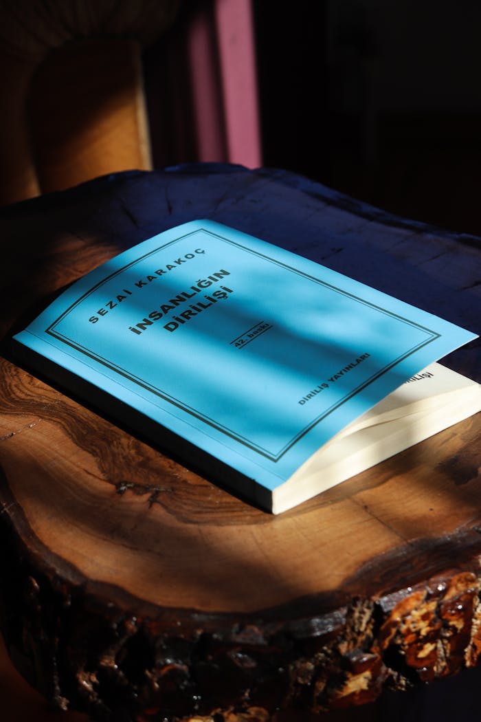 A blue book titled İnsanlığın Dirilişi on a wooden table, bathed in warm light.