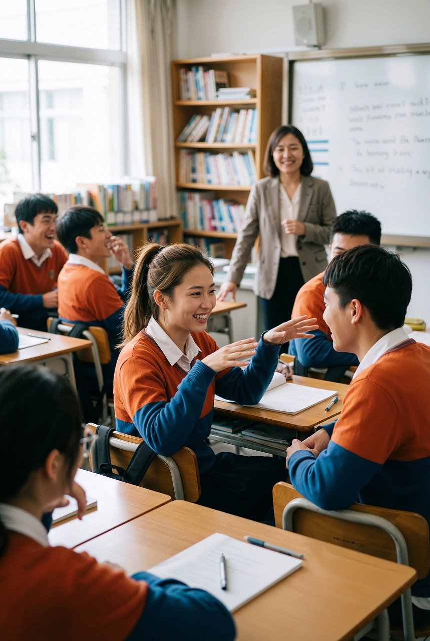 classroom, students, discussion, learning, education, school, teamwork, communication, teacher, student, collaboration, academic, interaction, uniform, youth, lesson, knowledge, group, study, friendship, ai generated